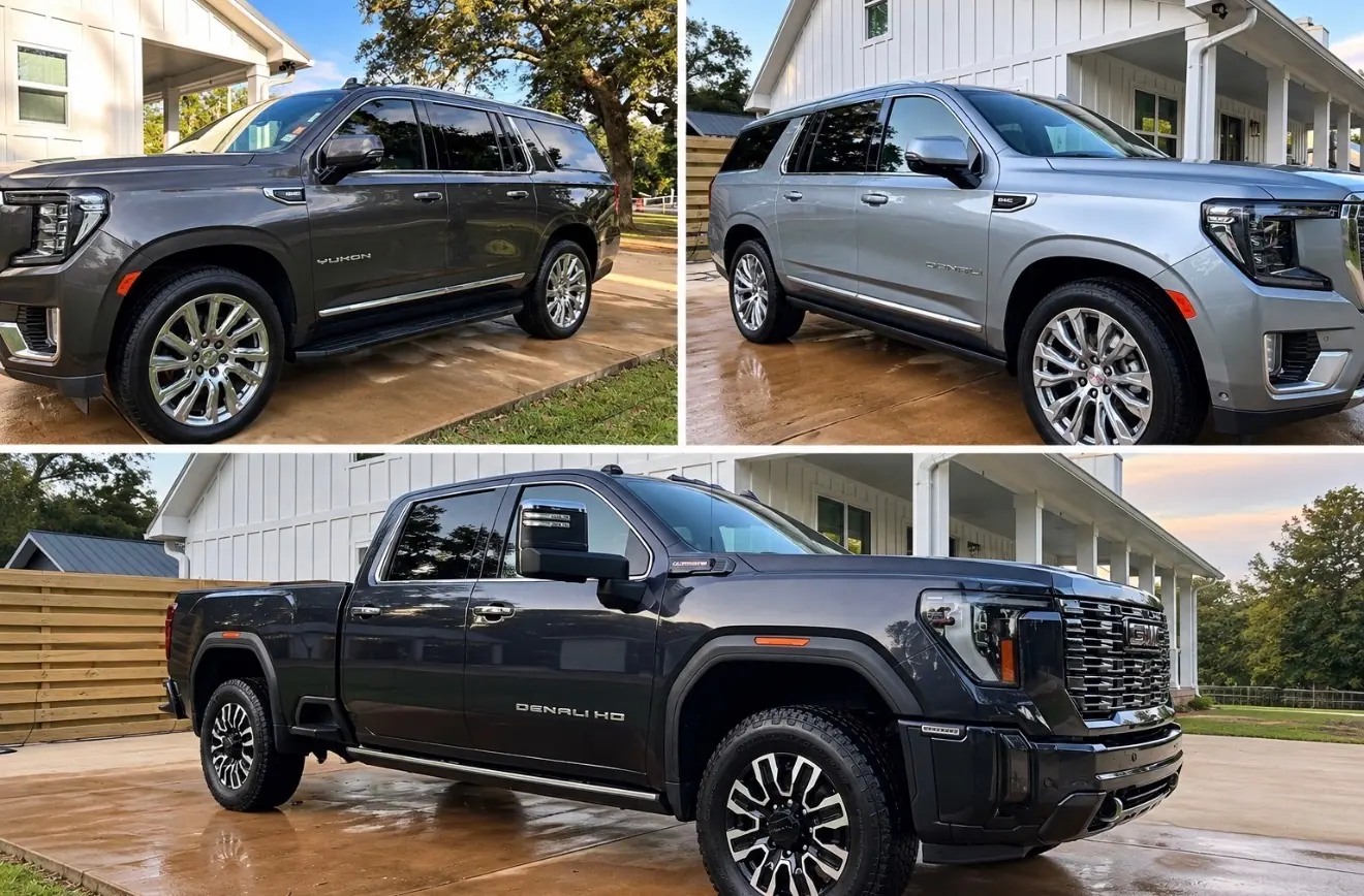 Three detailed GMC vehicles: two Yukon Denali SUVs and a Sierra Denali HD pickup, parked at a farmhouse